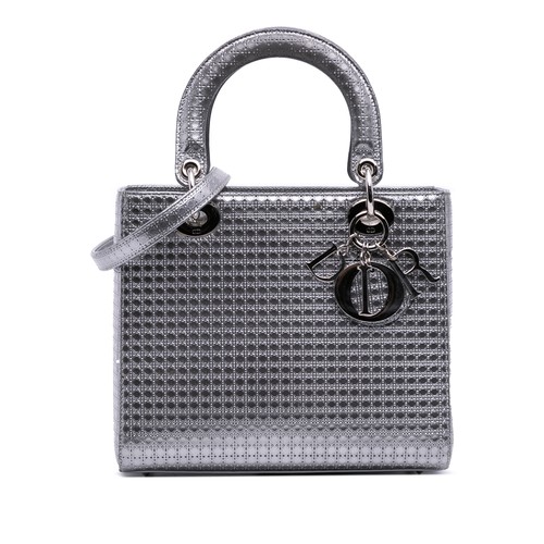 Dior Medium Metallic Patent Microcannage Lady Pre-Loved Satchel Silver