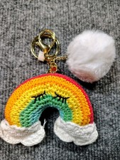 Kawaii Crochet Rainbow Cloud Keychain Pom Pom Bag Charm Pastel Cute Handmade...