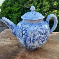 Pressed Foliage Teapot Leaf Stamped 6.5" ARTIST SIGNED Pottery Fred Devlin Blue