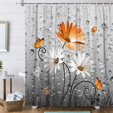 Rustic Farmhouse Orange Floral Shower Curtain, Farm Fall Daisy Flowers and Butte