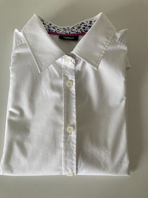 Walbusch Damen Bluse Gr. 44 Weiß Blau Blumenmuster Langarm Baumwolle Elasthan