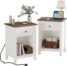 Set of 2 Farmhouse Nightstand w/ Charging Station Wooden Top End Table w/ Drawer