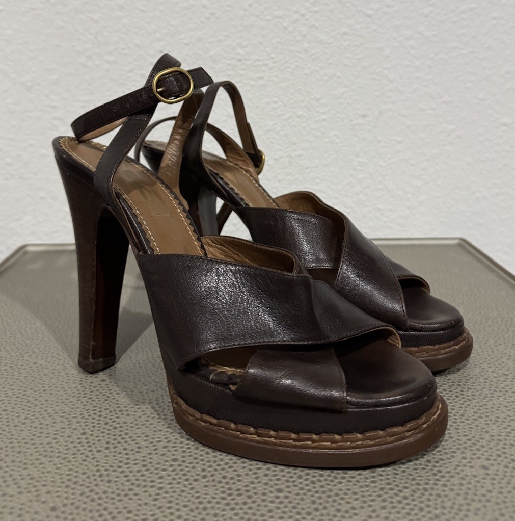 SAINT LAURENT YSL RIVE GAUCHE AUTENTICO SANDALO ESPRESSO PLATFORM TACCO VINTAGE Y2K 38