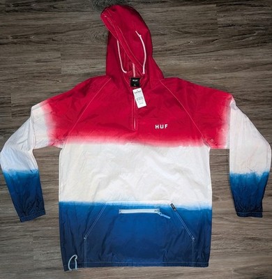 Huf Jacket Windbreaker Men XL Gradient Wash Anorak Red White Blue USA Hooded NWT