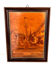 Germany Vintage Marquetry Wood Inlay St. Florian's Square Framed Art 11" by 14"