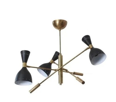 3 Light Mid Century Modern Stilnovo Raw Brass Chandelier Ceiling Light Fixture