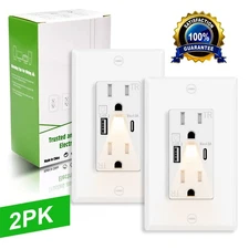 2x Tamper-Resistant Safety Outlet 24W 15A USB C Night Light  ETL Listed for Home