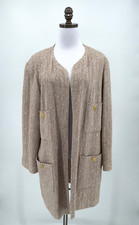 Chanel Vintage Beige Tweed Cotton Wool Blend 4 Pocket Open Long Jacket FR 46 XL