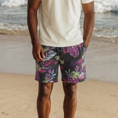 Young & Reckless Shorts Mens Large Black Tropical Floral Fleece Sweat Excellent