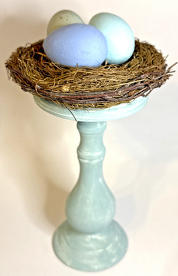 Candlestick w/Bird's Nest Faux Eggs Blues Upcycled by Me