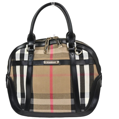 BURBERRY Logo Nova Check Pattern Hand Bag Leather Canvas Black Brown GHW 32TA663