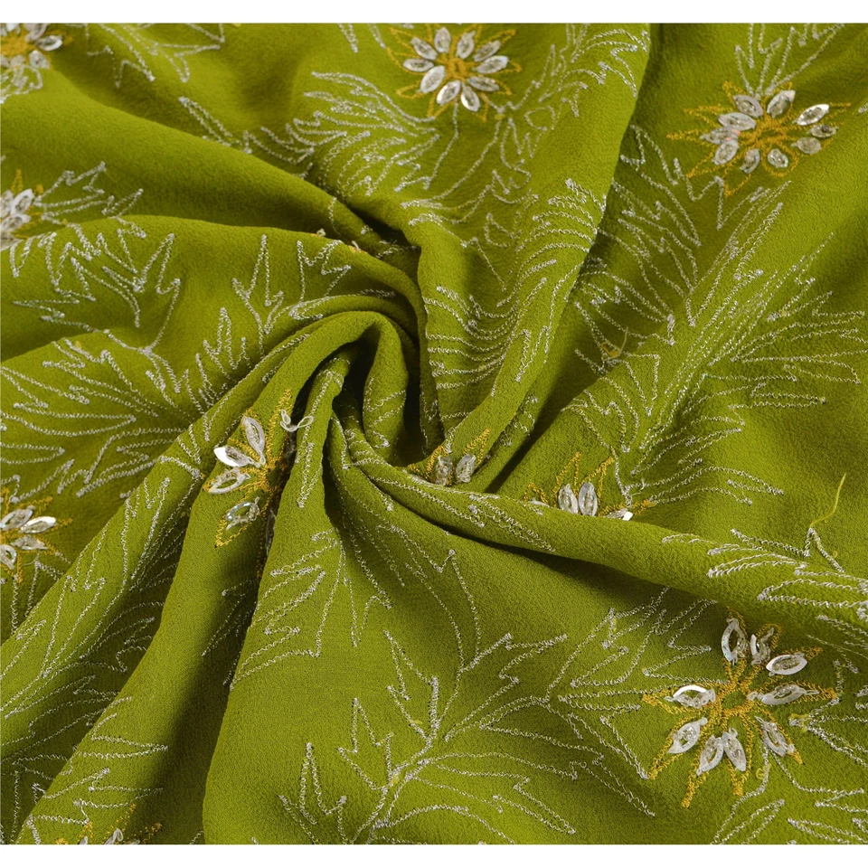 Tela Pallu Sanskriti Vintage Georgette Cuentas a Mano Diseño Verde Decoración Artesanía Foto 3 de 4