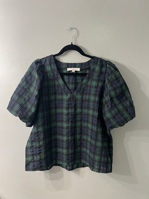 Preppy LOFT Plaid Tartan V-Neck Puff Sleeve Blouse Green Blue Black Size M