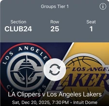 LAKERS CLIPPERS TICKET INTUIT DOME CLUB SEATING DECEMBER 20TH