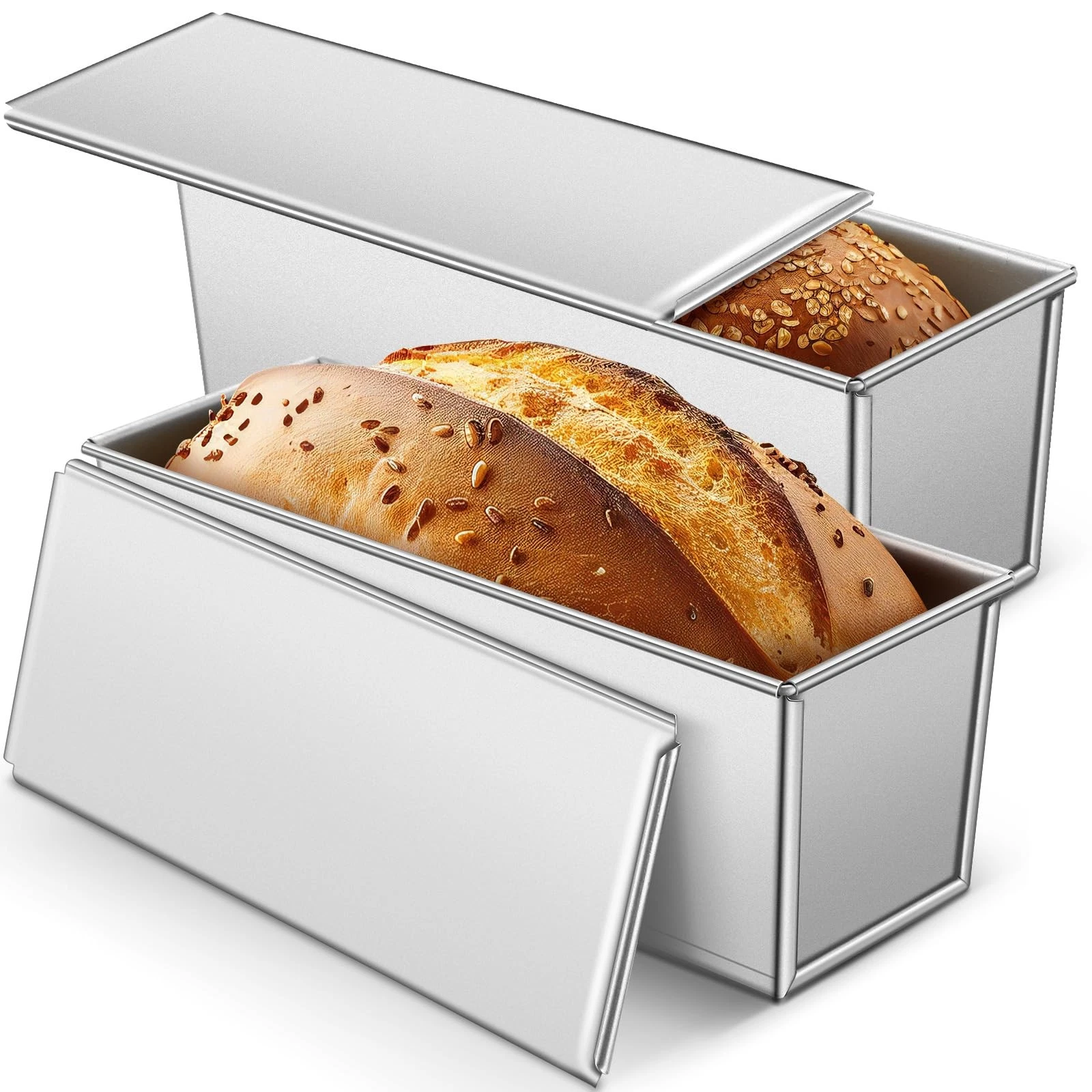 2 Pack 2 lb 13 x 4 Inch Pullman Loaf Pan with Lid Dough Capacity Bread Loaf P...