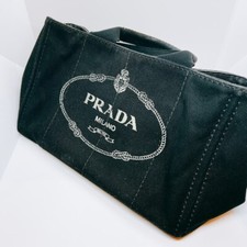 Authentic PRADA Logo Canapa CanvasTote Bag Black L Size 34x20x20cm From Japan