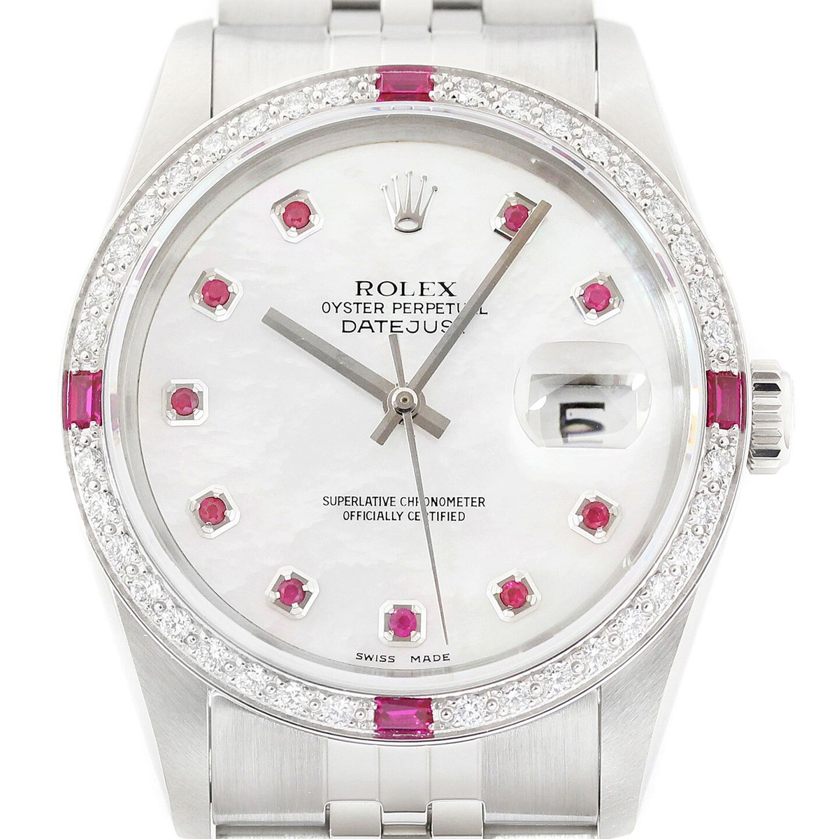 Rolex Datejust 18K Gold & SS Mother of Pearl Diamond Ruby Jubilee