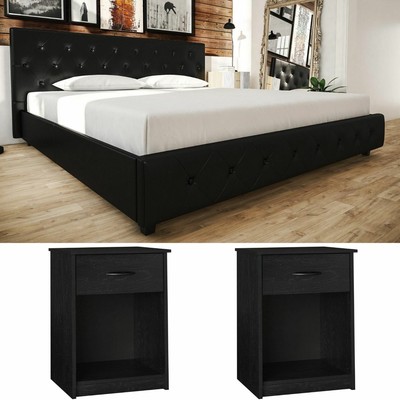 3 Piece King Size Bedroom Set Leather Bed 2 Nightstands Modern Black Furniture N Ebay