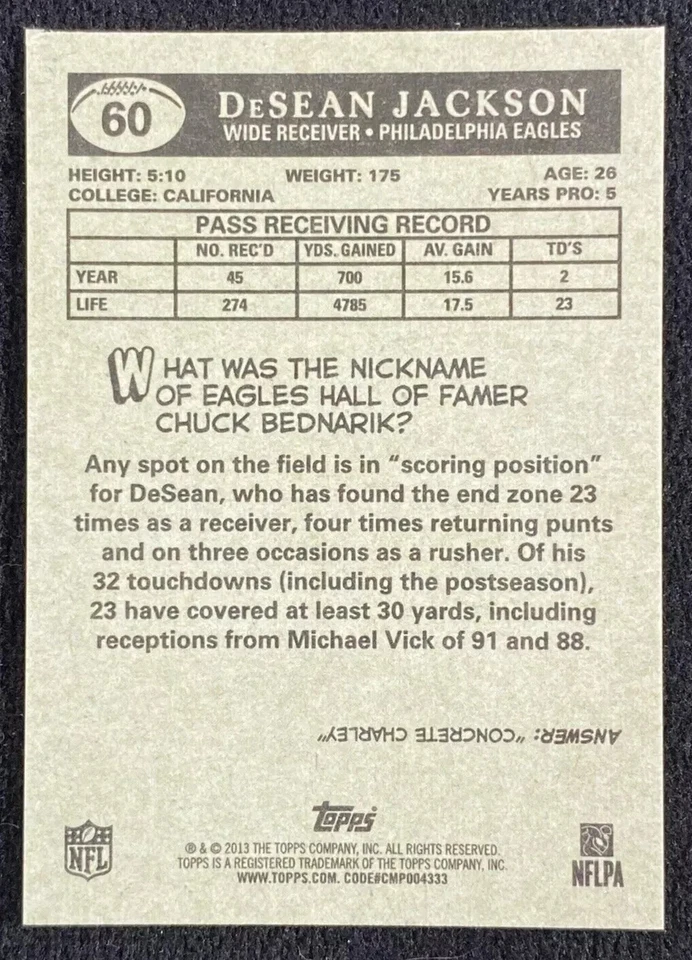 2013 Topps Desean Jackson #60 1959 Topps Mini Insert Philadelphia Eagles - Image 2 of 2
