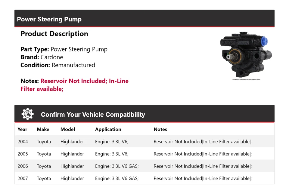 Bomba de dirección asistida Cardone 2005 2006 para Toyota Highlander 2004-2007 Foto 2 de 4