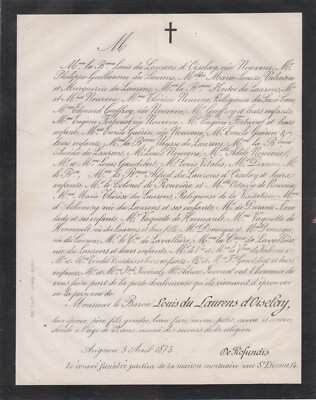 1873 Sterbeurkunde Louis du LAURENS d'OISELAY - Avignon (Vaucluse).