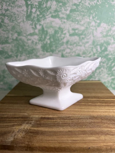 Vintage Indiana Glass Milk Glass Floral Pattern Pedestal Compote Diamond Shaped