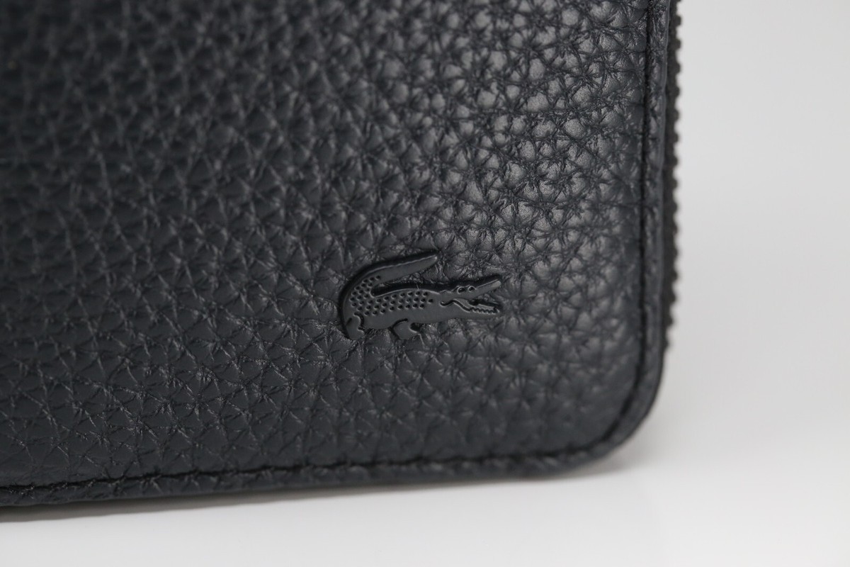 Lacoste Men Unisex Black Leather Zip Wallet Card Holder