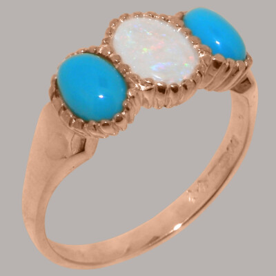 14ct Rose Gold Natural Opal & Turquoise Womens Trilogy Ring - Sizes J to Z