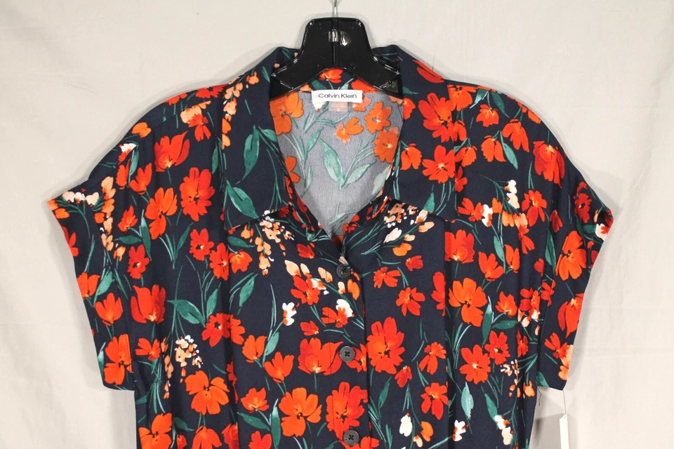 NUEVO CON ETIQUETAS CALVIN KLEIN Azul Marino FLORAL Crepé CINTURÓN Plisados con Botones VESTIDO CAMISERO Talla 12 Foto 2 de 4