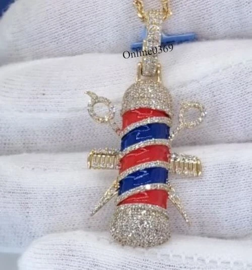 Colgante real moissanita para hombre esmalte poste de peluquero enchapado en oro amarillo plateado Foto 4 de 4