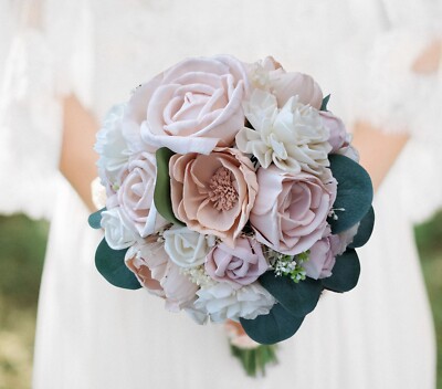 Blush Peach Pink Bridal Bouquet Sola Wood Flower Artificial Bridesmaid Wedding