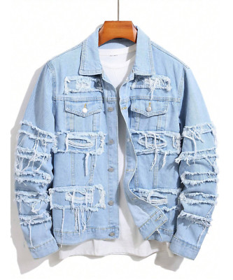 Chaqueta Vaquera Para Hombres Desgastada Mezclilla de Invierno Azul Abrigo