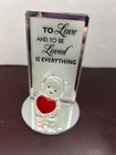 Glass Bear With Red Heart Figurine & Mirror Back With Love Quote Small Decor