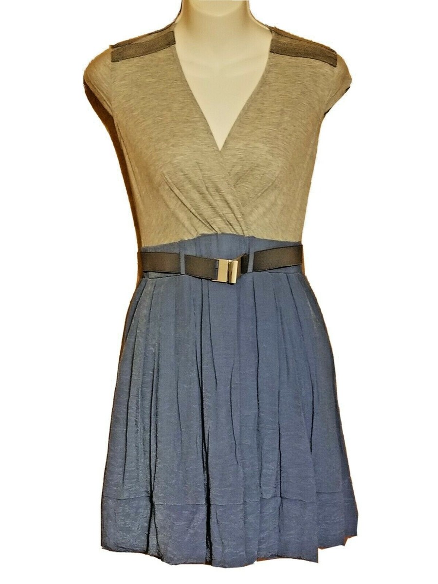 Parameter Anthropologie Deep V Neck Gray & Blue Dress w/Belt 