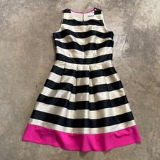 Eliza J Dress Womens Size 8 Black White Pink Stripe Crepe Fit Flare Party Pleat
