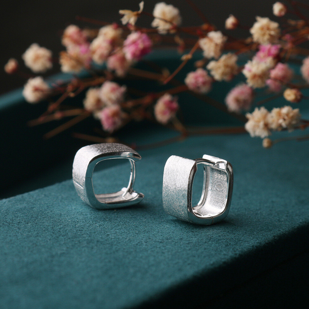 925 Sterling Silver Bright Brushed Wide Square Huggie Hoop