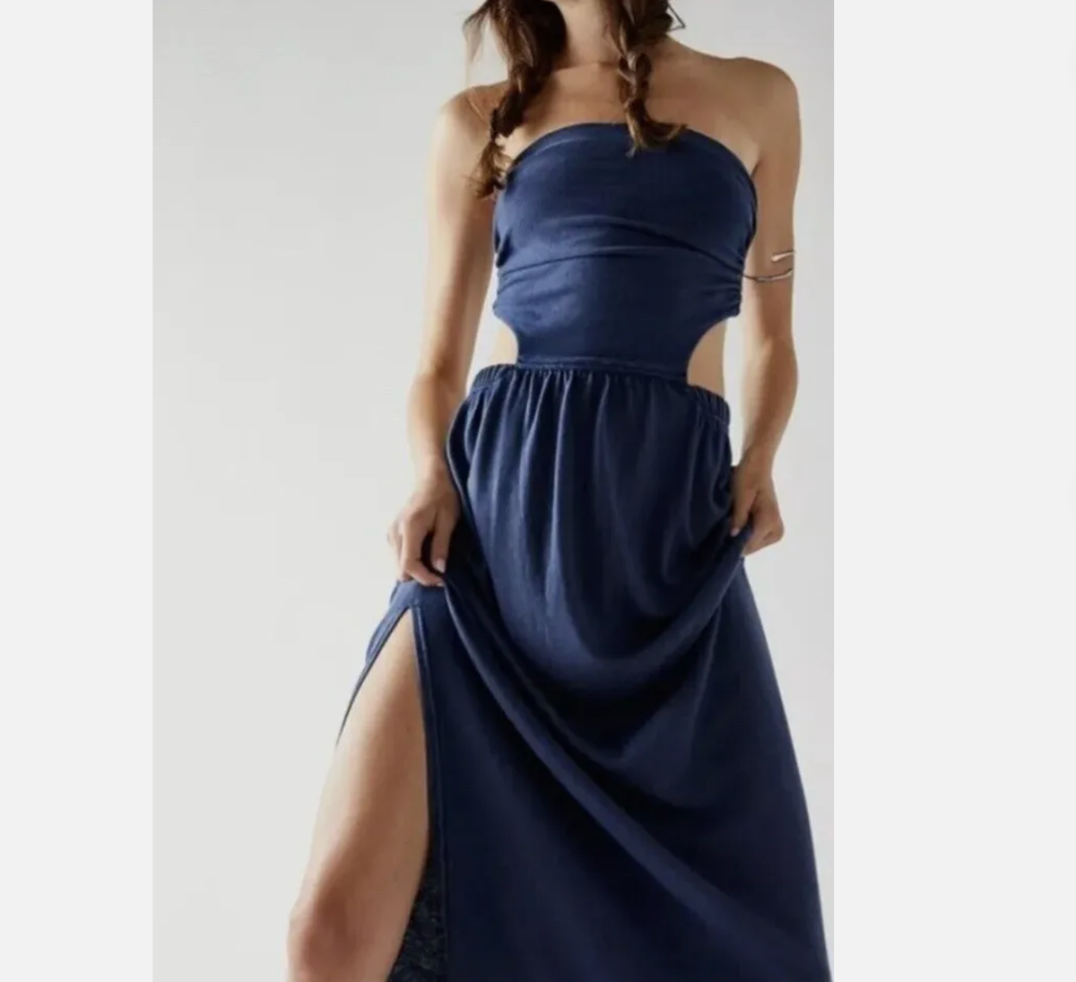 free people strapless maxi dress NEW Free People Size XL Tangelica Maxi Dress Strapless Cut Out Blue Slit  $98
