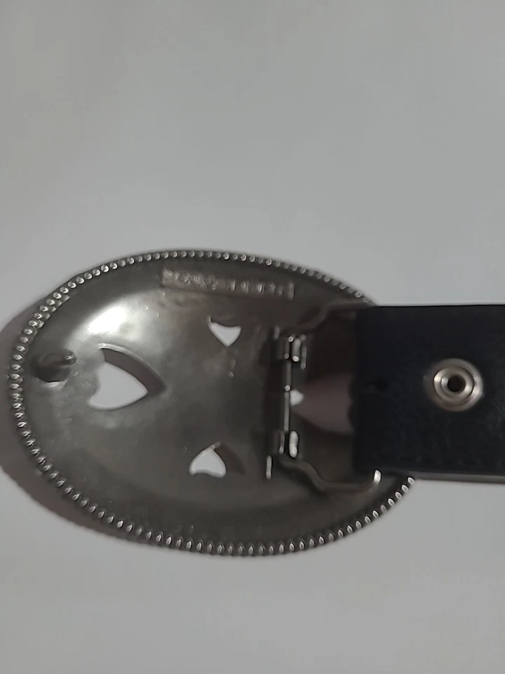 LINEA PELLE Black Leather Silver Tone Tooled Large Front Buckle Belt Sz 36 - Image 3 of 4