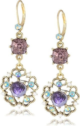 Betsey Johnson Carved Flower Medallion & Crystal Gem Drop Earrings Purple - Picture 9 of 11