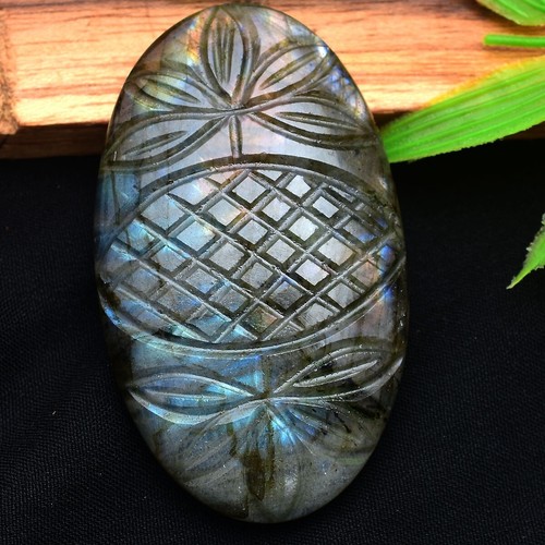 144.00 Cts Natural Labradorite 56mmx33mm Oval Hand Carving Flashy Loose Gemstone - Picture 2 of 6