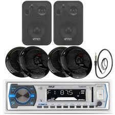 Pyle White USB Bluetooth Boat Radio, 4 Marine 6.5" Speakers, 4" Box Speakers