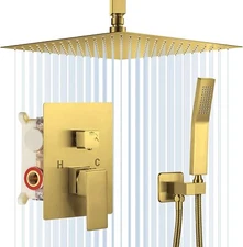 Shower Faucet Set Brushed Gold Ceiling12" Rain Head Combo Kit System Mixer Valve