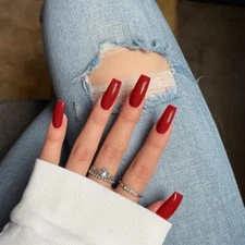 Red Press On Nails Medium Long Square,  Medium Coffin Nails Acrylic glossy red