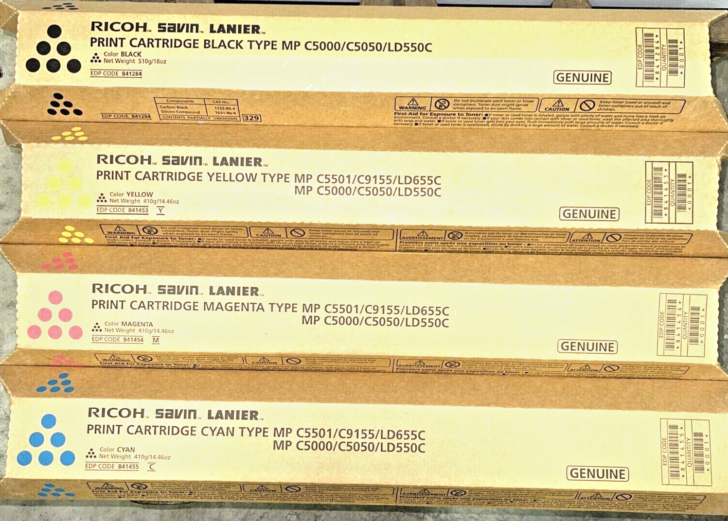 Genuine Ricoh Savin Lanier Toner Set K,M,C,Y MP C5000 MP C4000 MPC5000 MPC4000