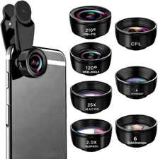 Cellphone Camera Lens Kit, 25X Macro Len, 120° Wide Angle, 210° Fisheye, 2.0X Te