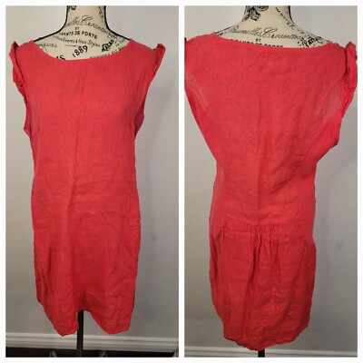 Lina Tomei Dress Womens Large 100% Linen Pockets Elastic Side