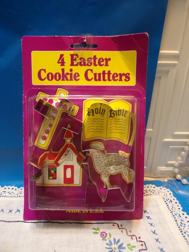 4 Vintage Fox Run Metal Easter Cookie CuttersCross, Church,Holy Bible