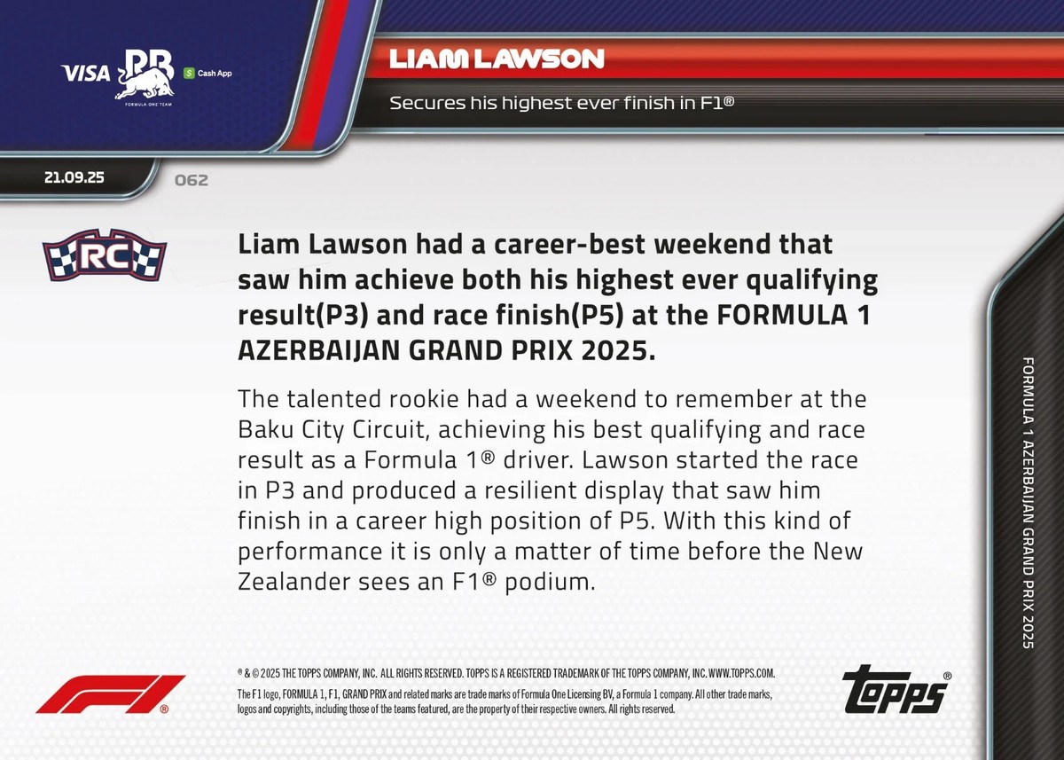 Liam Lawson RC Azerbaijan GP F1 2025 Formula 1 Topps NOW Card 65