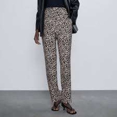 ZARA BASIC Leopard Print Wide Leg Cropped Pants Women's Size L