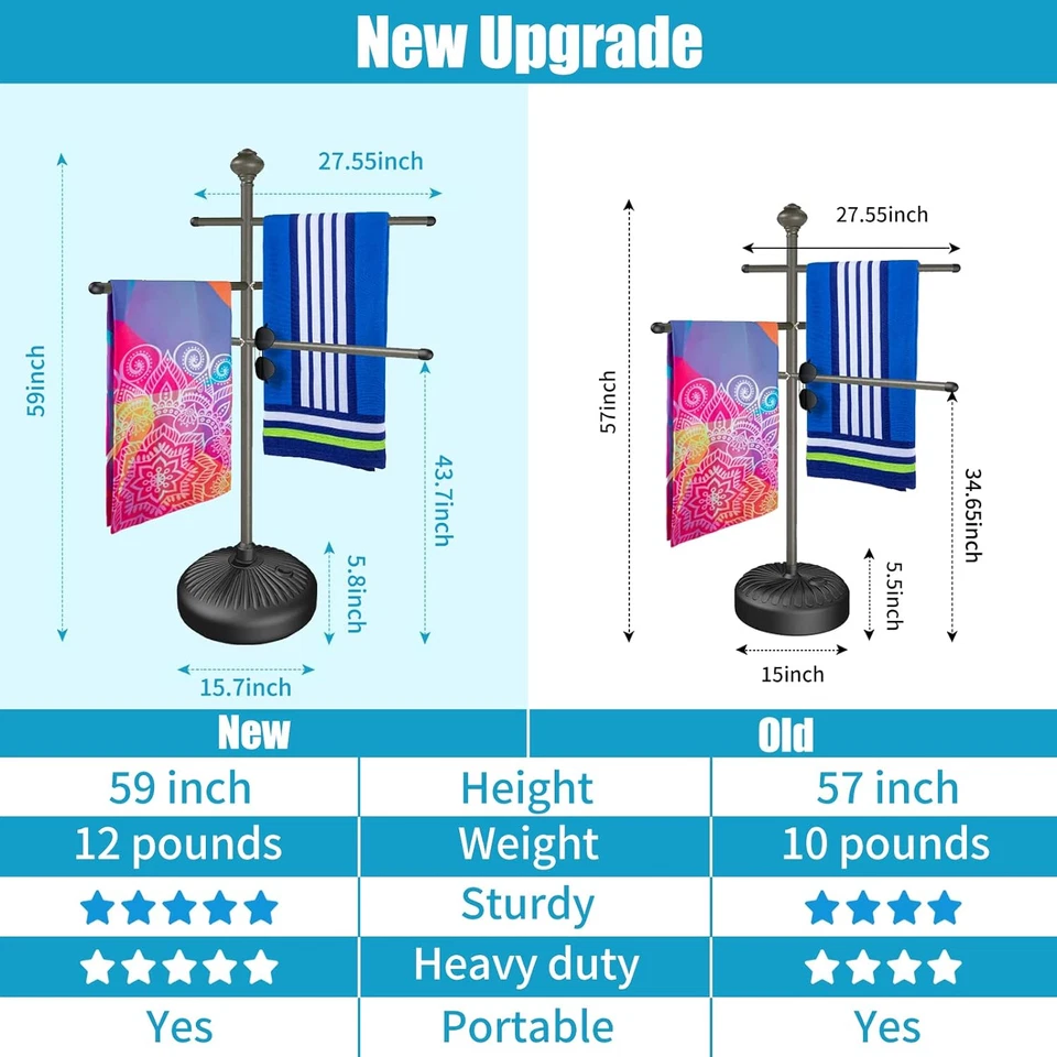 Toallero de piscina al aire libre 59 pulgadas soporte de metal con 3 barras ajustables para bañera de hidromasaje Foto 2 de 4